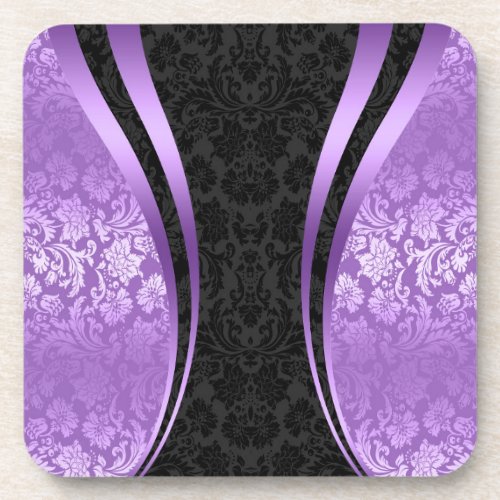 Black  Lavender Vintage Floral Damask Pattern Drink Coaster