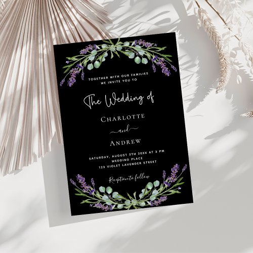 Black lavender violet greenery luxury wedding  invitation