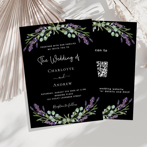Black lavender violet greenery QR RSVP wedding  Invitation