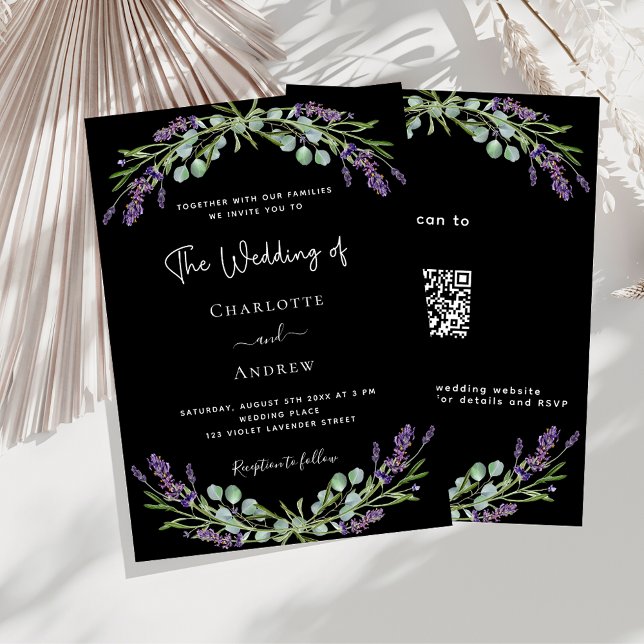 Black lavender violet greenery QR RSVP wedding  Invitation (Creator Uploaded)