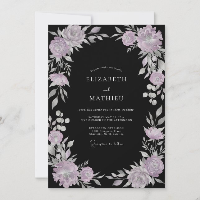 Black Lavender Wreath Wedding Invitation (Front)