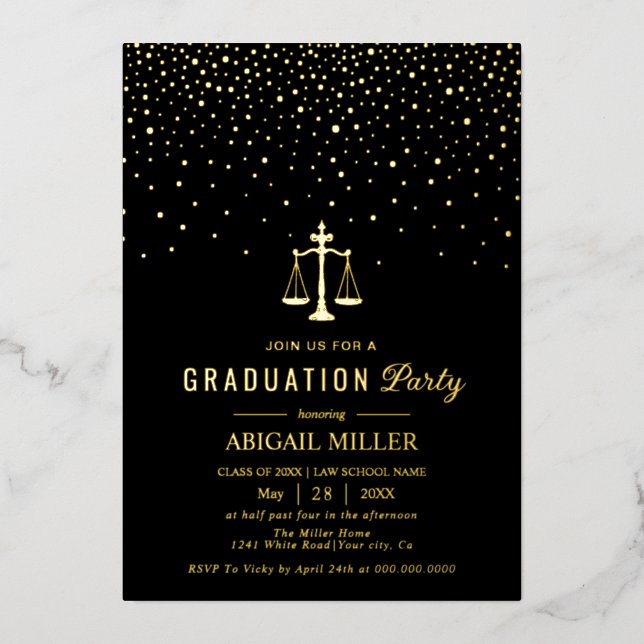 Black Law school Class Of 2026 graduation confetti Foil Invitation (Front)
