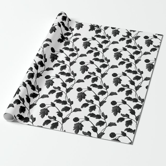 Black Leaf And Stem Floral Toile Wrapping Paper (Unrolled)
