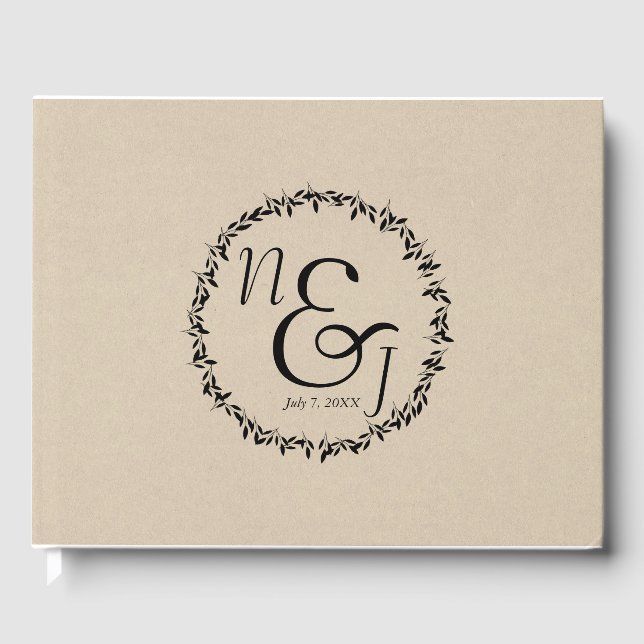 Black Leaf Botanical Rustic Modern Kraft Wedding Guest Book (Front)