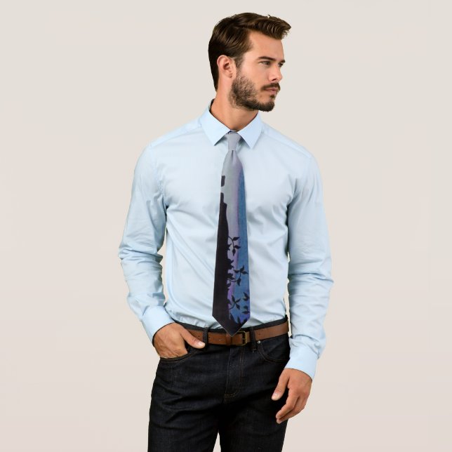 black leaf with pastel blue lilac abstract neck tie (In Situ)