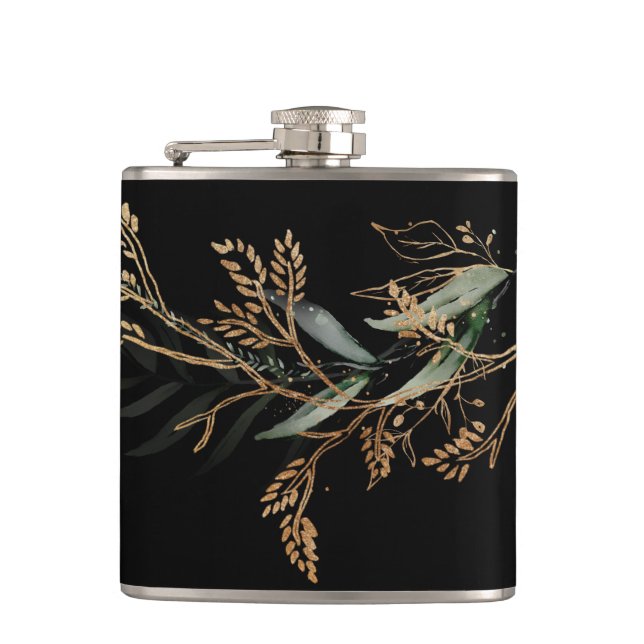 Black Leafy Botanical Eucalyptus Modern Branch Flask (Front)