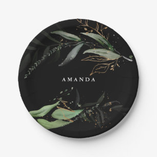 Black Leafy Botanical Eucalyptus Modern Branch Paper Plates