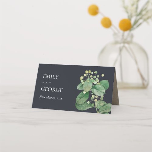 BLACK LEAFY FOLIAGE GREENERY WATERCOLOR FLORAL PLACE CARD
