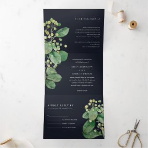 BLACK LEAFY FOLIAGE GREENERY WATERCOLOR WEDDING Tri-Fold INVITATION