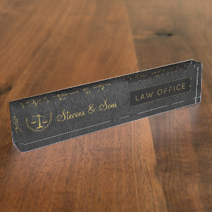 Black Leather and Gold Logo and Name Law Office Desk Name Plate
