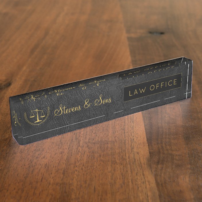 Black Leather And Gold Logo And Name Law Office Desk Name Plate Zazzle Com