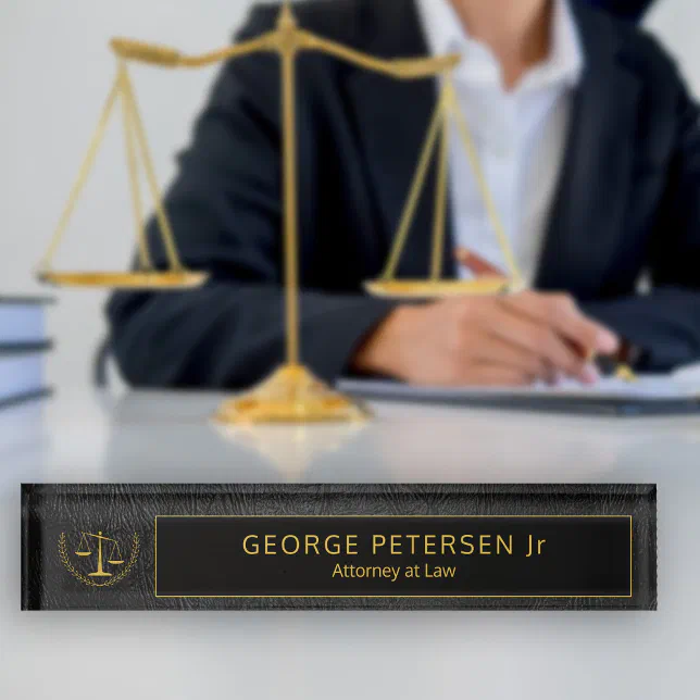 Black Leather and Gold Logo Name Attorney at Law Desk Name Plate Zazzle