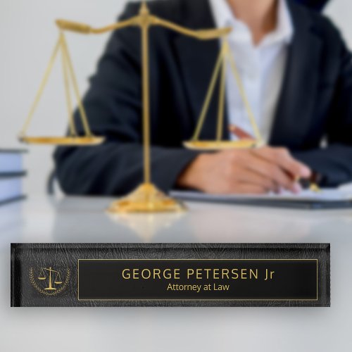Black Leather and Gold  Logo Name Attorney at Law Desk Name Plate