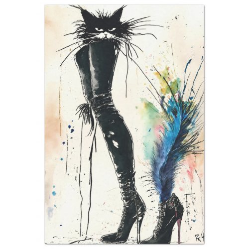 Black Leather Boot Cat Fashionable Decoupage  Tissue Paper