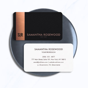 Black Leather & Brushed Copper Panel Monogram  Business Card