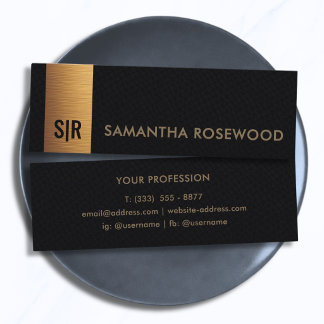 Black Leather & Brushed Gold Bar Monogram Mini Business Card