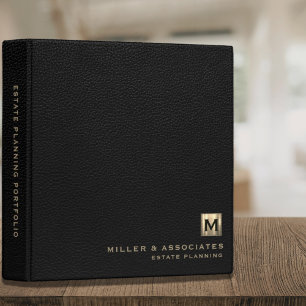Black Leather Brushed Gold Initial Logo 3 Ring Binder