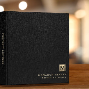Black Leather Brushed Gold Initial Logo Listings 3 Ring Binder