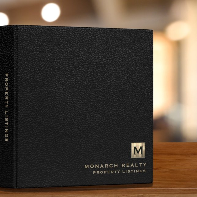 Black Leather Brushed Gold Initial Logo Listings 3 Ring Binder (Creator Uploaded)