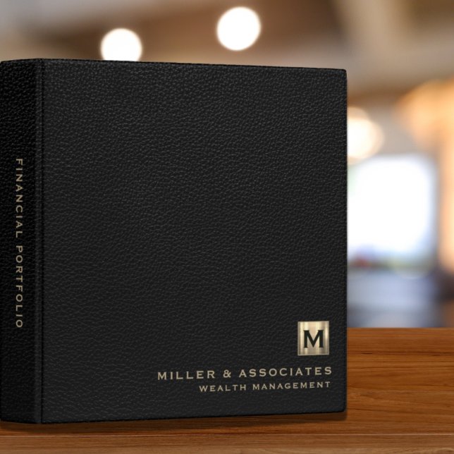Black Leather Brushed Gold Initial Logo Portfolio 3 Ring Binder (Creator Uploaded)