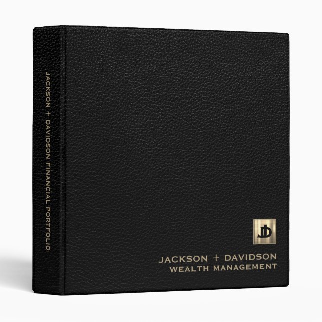 Black Leather Brushed Gold Initial Logo Portfolio 3 Ring Binder (Front/Spine)