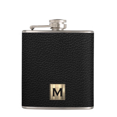 Black Leather Brushed Gold Monogram Flask