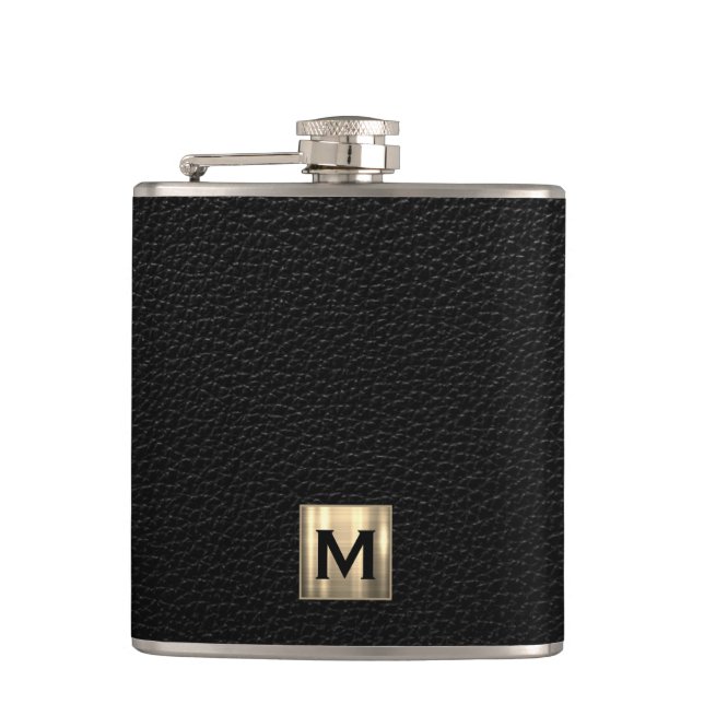 Black Leather Brushed Gold Monogram Flask (Front)