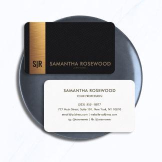 Black Leather & Brushed Gold Panel Monogram Business Card