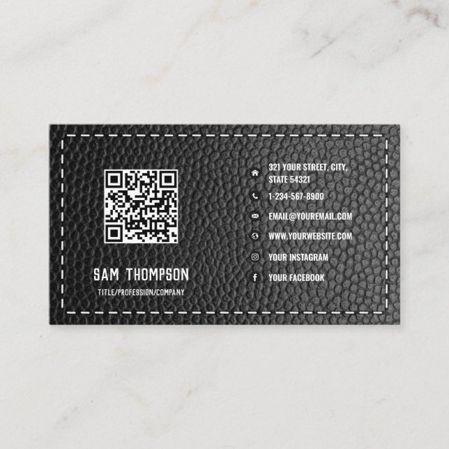 Black Leather Business QR Code Social Media Icons Business Card (Front)