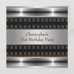 Black Leather Chrome Mans 21st Birthday Party Invitation
