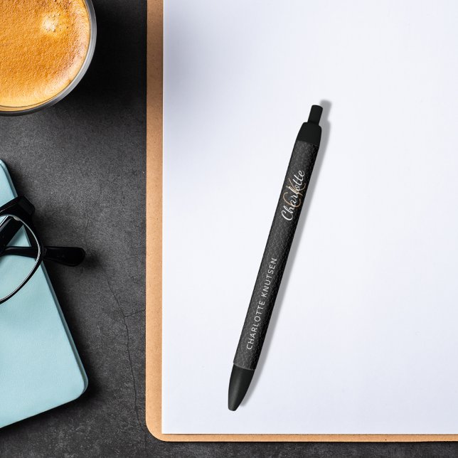 Black leather custom monogram name script pen (Creator Uploaded)