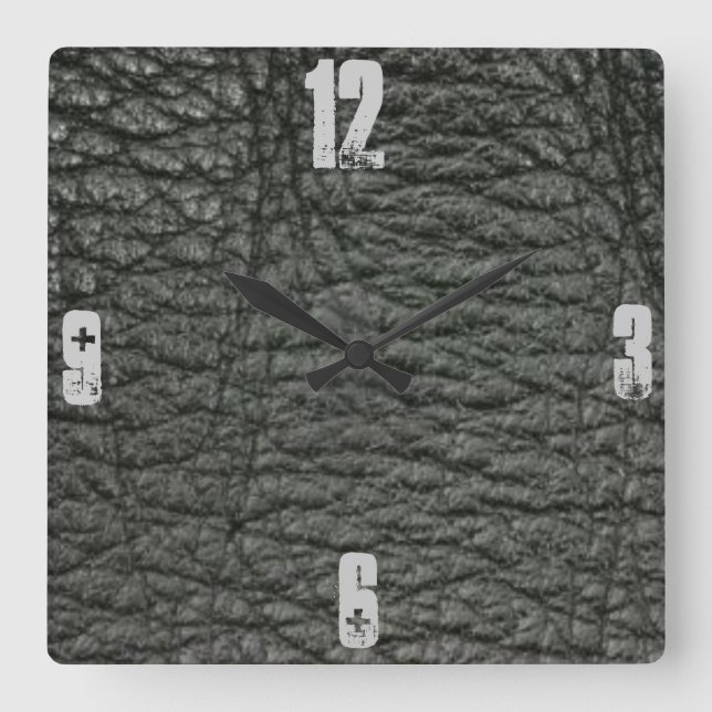 Black Leather Effect Square Wall Clock (Front)