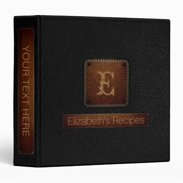 Black Leather Elegant Monogram 3 Ring Binder (Front/Spine)