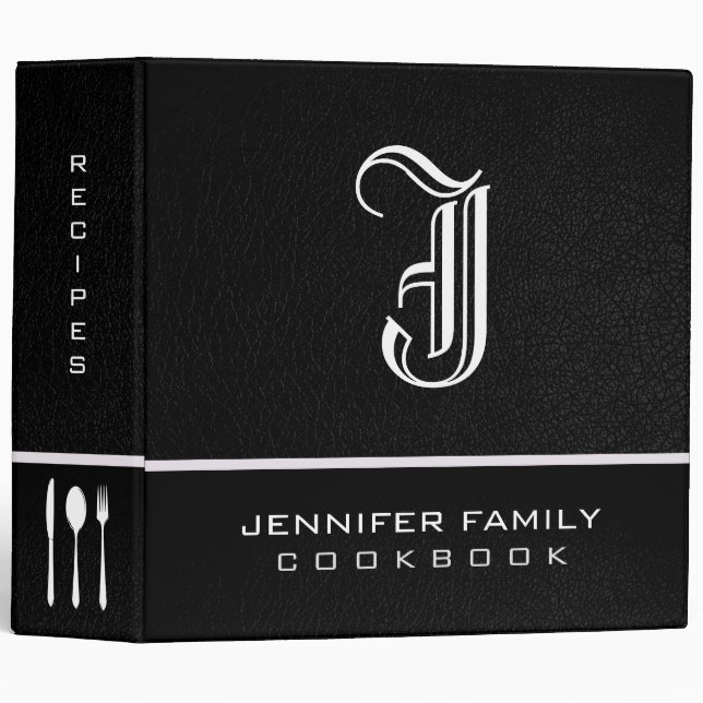 Black Leather Family Recipes Monogram Binder (Front/Spine)