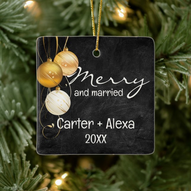 Black Leather First Christmas Married Ceramic Ornament (Tree)