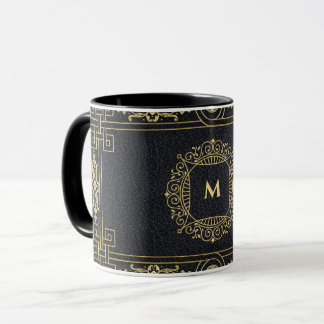Black Leather Gold Art Deco Monogram Letter Coffee Mug