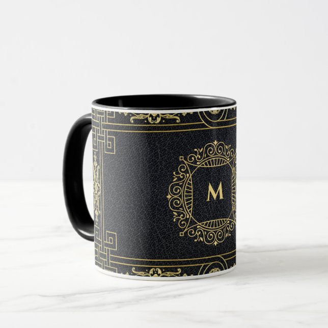 Black Leather Gold Art Deco Monogram Letter Coffee Mug (Front Left)