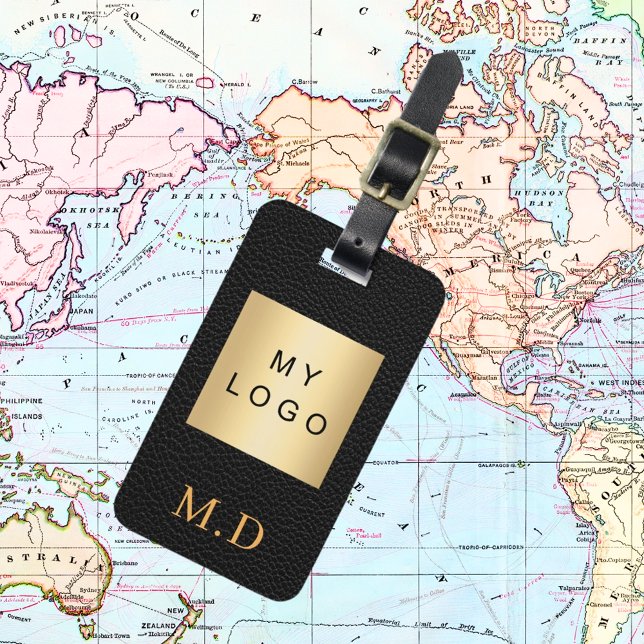 Black leather gold business company logo monogram luggage tag (Creator Uploaded)