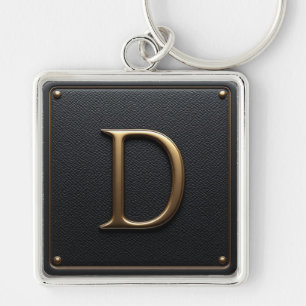 🔑 Black Leather Gold D Initial Frame Emblem 🟡 Keychain