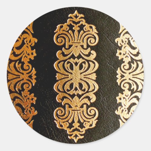 Black Leather Gold Embossed Pattern Classic Round Sticker