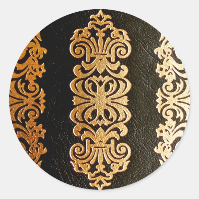 Black Leather Gold Embossed Pattern Classic Round Sticker (Front)