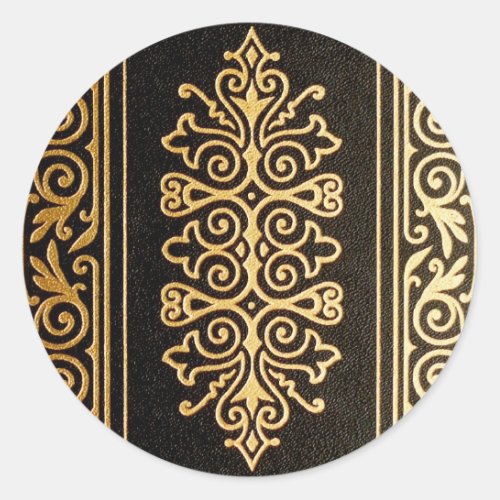 Black Leather Gold Embossed Pattern Classic Round Sticker