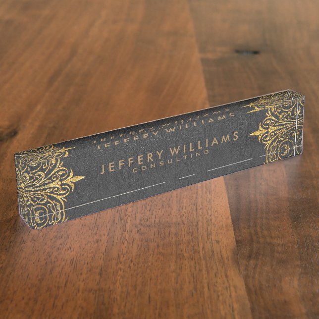 Black Leather Gold Foil Lace Frame Desk Name Plate (Side)