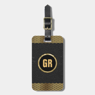 Black Leather Gold Geometric Border Luggage Tag