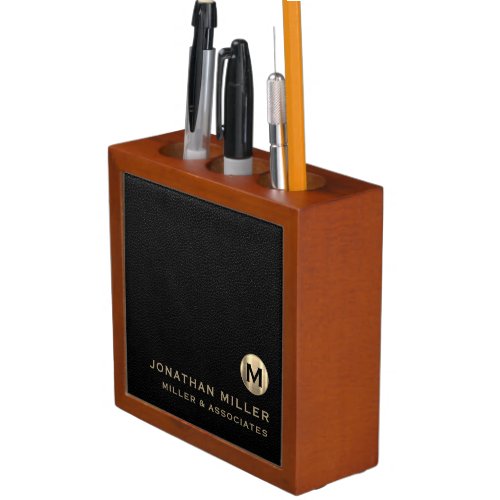 Black Leather Gold Initial Logo Desk Organizer