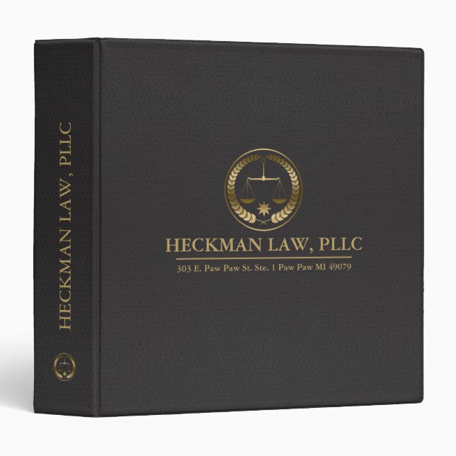 Black Leather Gold Justice Scale and Laure wreath 3 Ring Binder (Front/Spine)