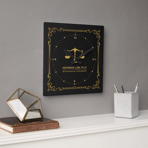 Black Leather Gold Justice Scale Vintage Frame Square Wall Clock