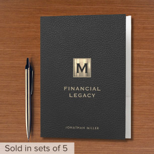 Black Leather Gold Monogram Financial Legacy Pocket Folder