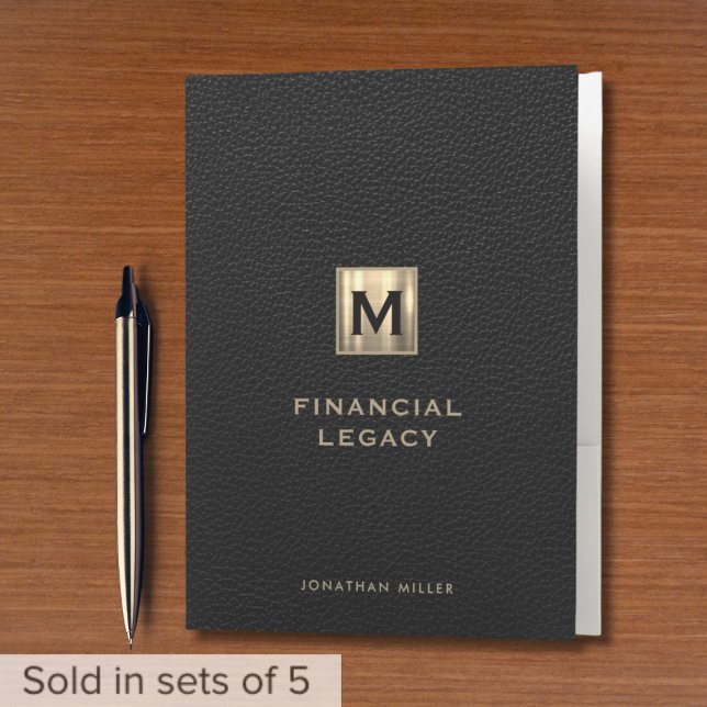 Black Leather Gold Monogram Financial Legacy Pocket Folder (Creator Uploaded)
