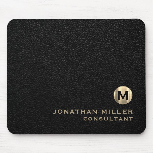 Black Leather Gold Monogram Mouse Pad (Front)